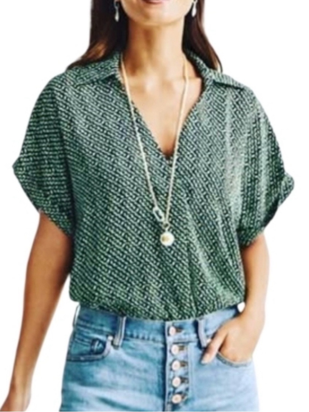 Cabi Green & Navy Replay Top